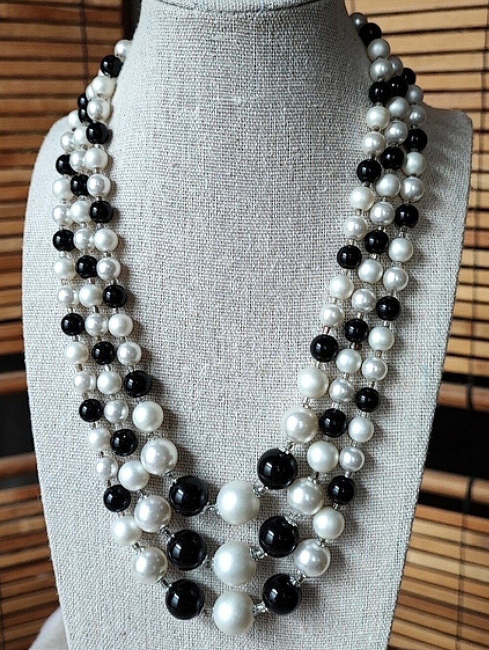 Triple Strand Faux Pearls Beaded Vintage Necklace Japan Black Acrylic Beads EUC